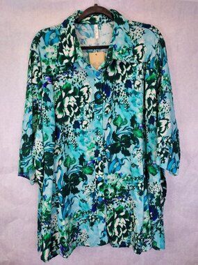 Blue Sky Lorine Blouse Button Up Shirt Women 3X Plus Linen Bamboo Enchant Floral